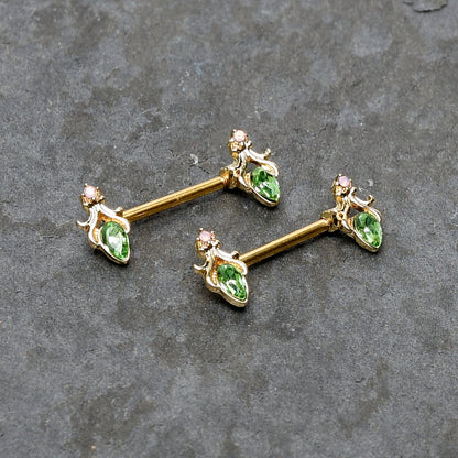 14G 9/16 Green Gem Gold Hue Spring Shades Barbell Nipple Ring Set