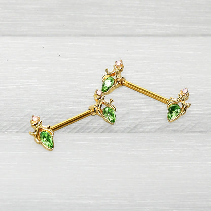 14G 9/16 Green Gem Gold Hue Spring Shades Barbell Nipple Ring Set