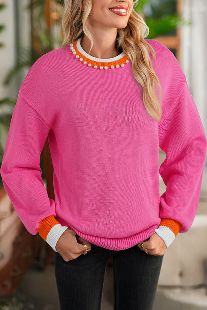 Sachet Pink Contrast Crew Neck Pearled Decor Drop Shoulder Knit Sweater - Jaico Online Shop