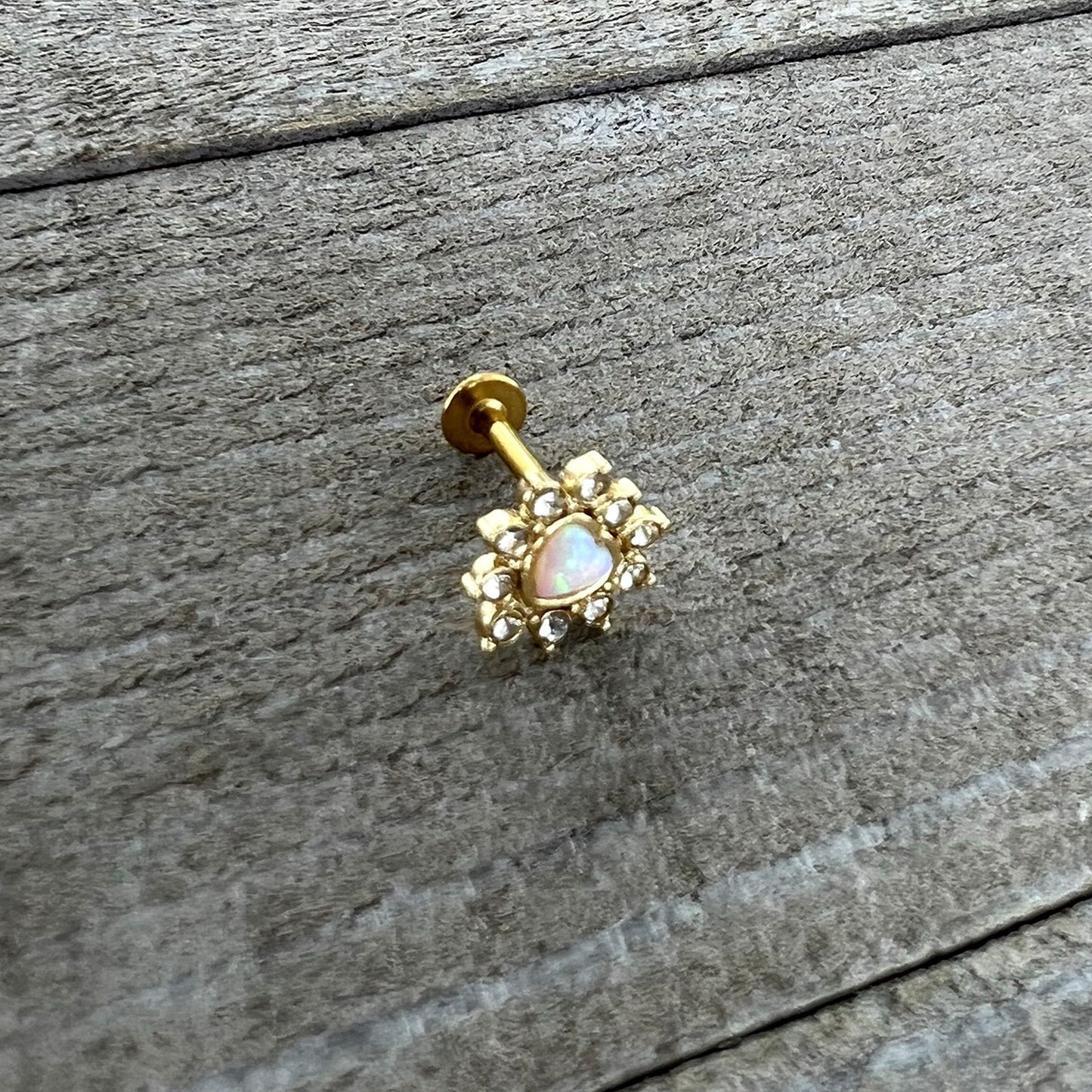 16G 5/16 White Faux Opal Gold Tone Sun Heart Labret Monroe Tragus