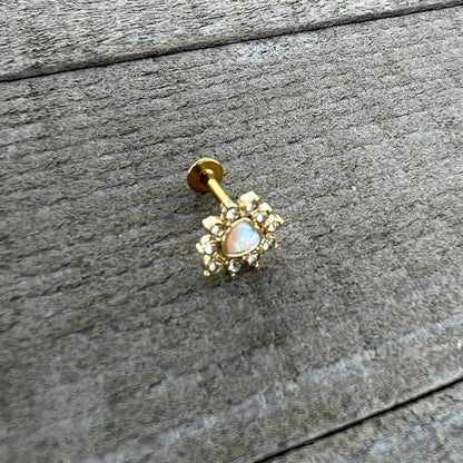 16G 5/16 White Faux Opal Gold Tone Sun Heart Labret Monroe Tragus
