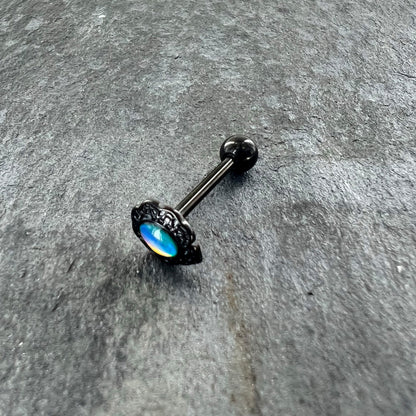 White Tourmaline Black Filigree Fairy Tale Barbell Tongue Ring