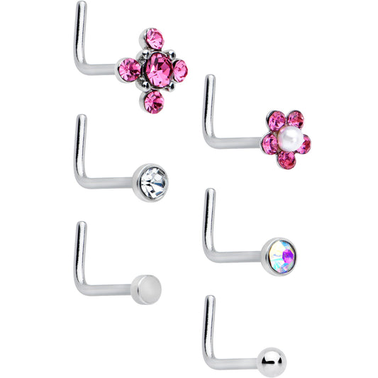 20G 1/4 Aurora Pink CZ Gem Flower L Shape Nose Ring Set of 6