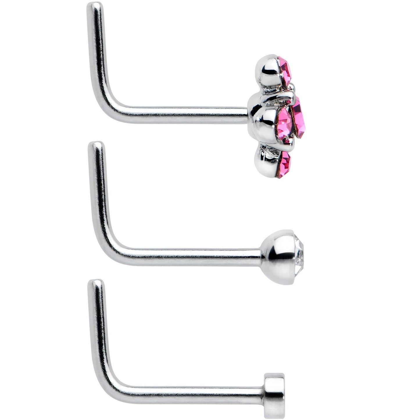 20G 1/4 Aurora Pink CZ Gem Flower L Shape Nose Ring Set of 6