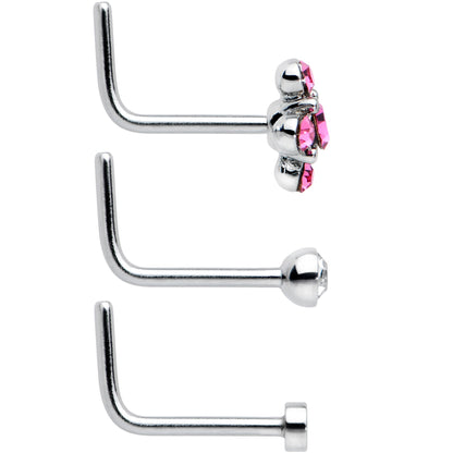 20G 1/4 Aurora Pink CZ Gem Flower L Shape Nose Ring Set of 6