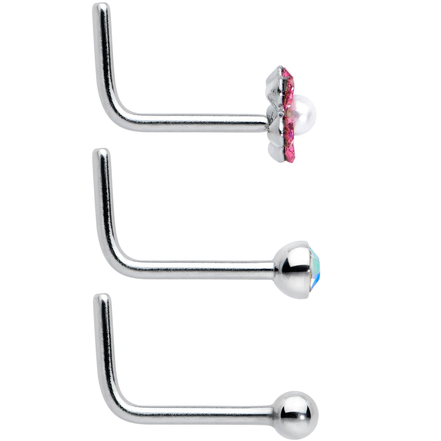 20G 1/4 Aurora Pink CZ Gem Flower L Shape Nose Ring Set of 6