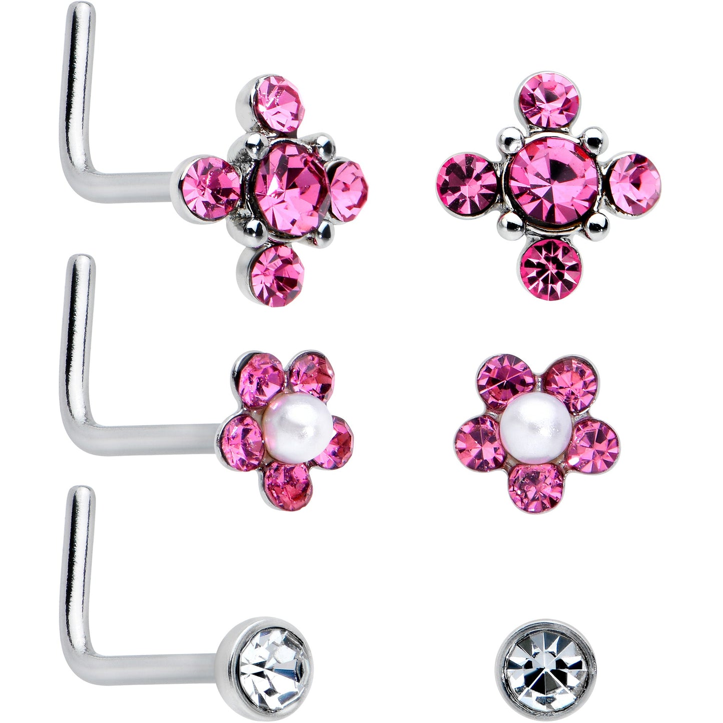 20G 1/4 Aurora Pink CZ Gem Flower L Shape Nose Ring Set of 6