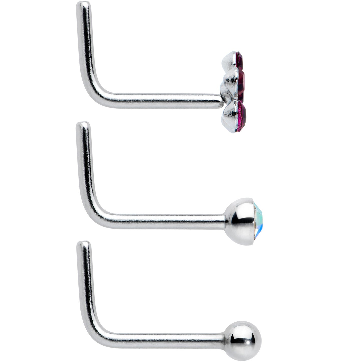 20G 1/4 Aurora Purple CZ Gem Flower Bow L Shape Nose Ring Set of 6