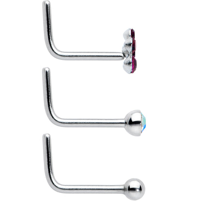 20G 1/4 Aurora Purple CZ Gem Flower Bow L Shape Nose Ring Set of 6