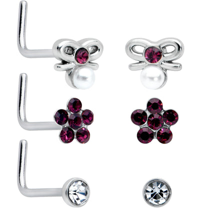 20G 1/4 Aurora Purple CZ Gem Flower Bow L Shape Nose Ring Set of 6