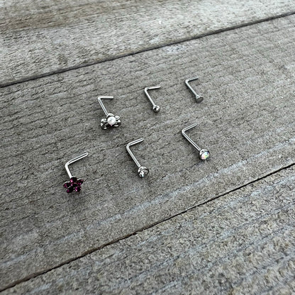 20G 1/4 Aurora Purple CZ Gem Flower Bow L Shape Nose Ring Set of 6