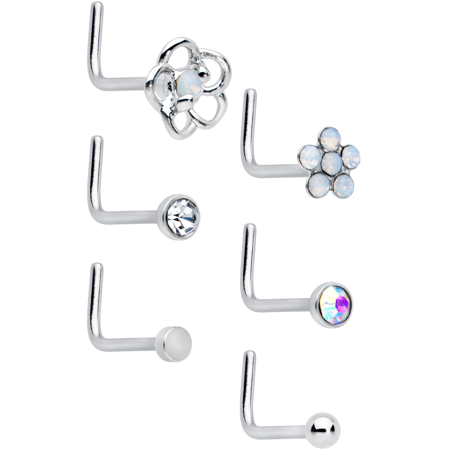 20G 1/4 Clear CZ Gem Flower Disc L Shape Nose Ring Set of 6
