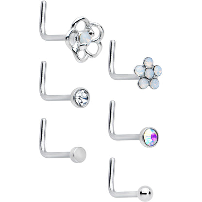20G 1/4 Clear CZ Gem Flower Disc L Shape Nose Ring Set of 6
