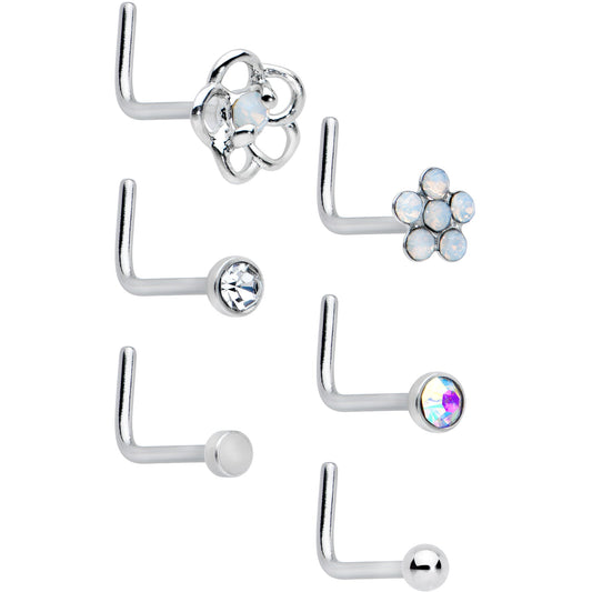 20G 1/4 Clear CZ Gem Flower Disc L Shape Nose Ring Set of 6
