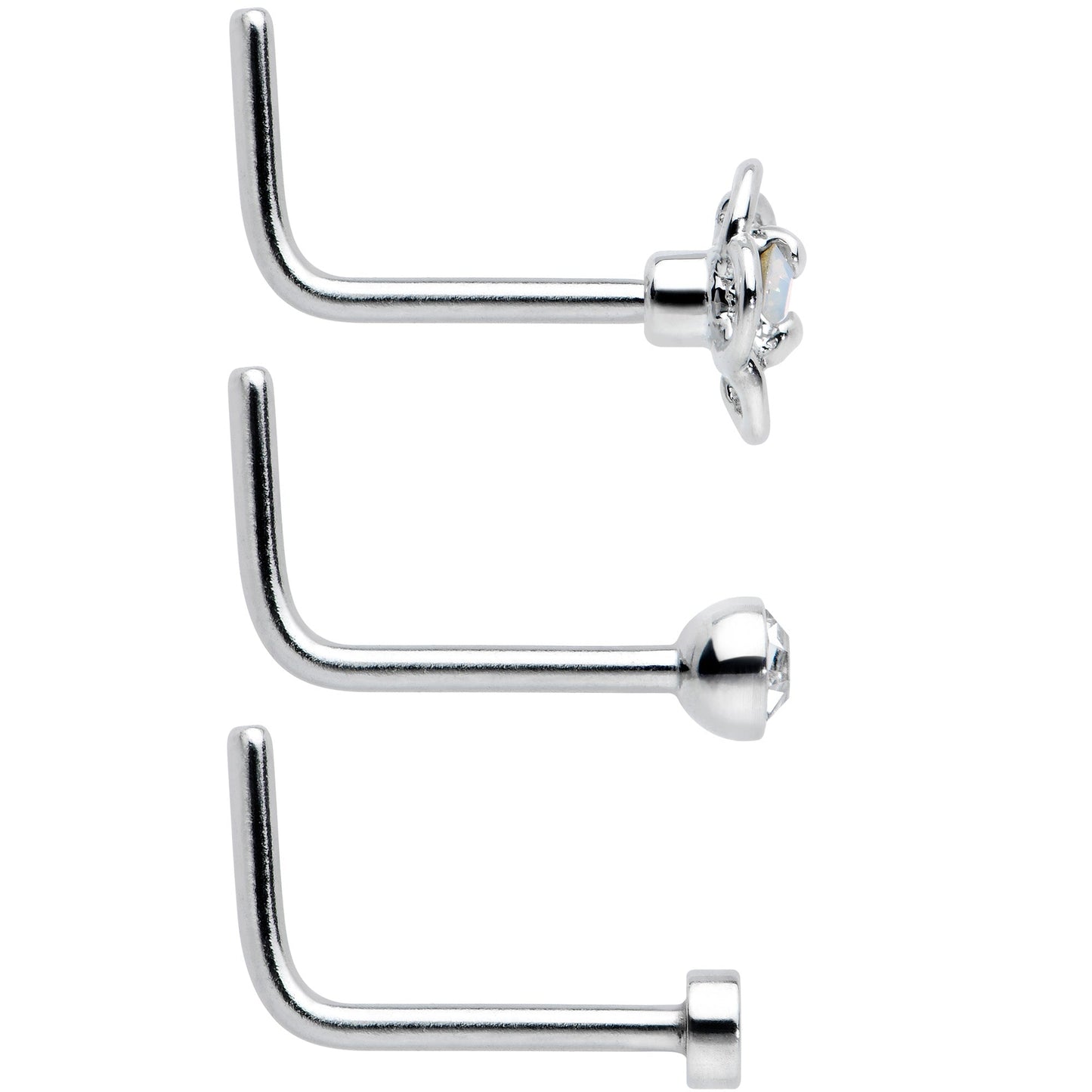 20G 1/4 Clear CZ Gem Flower Disc L Shape Nose Ring Set of 6