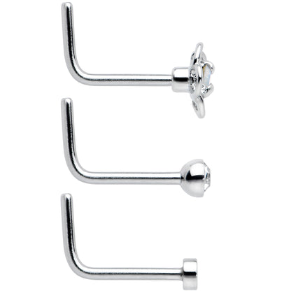 20G 1/4 Clear CZ Gem Flower Disc L Shape Nose Ring Set of 6