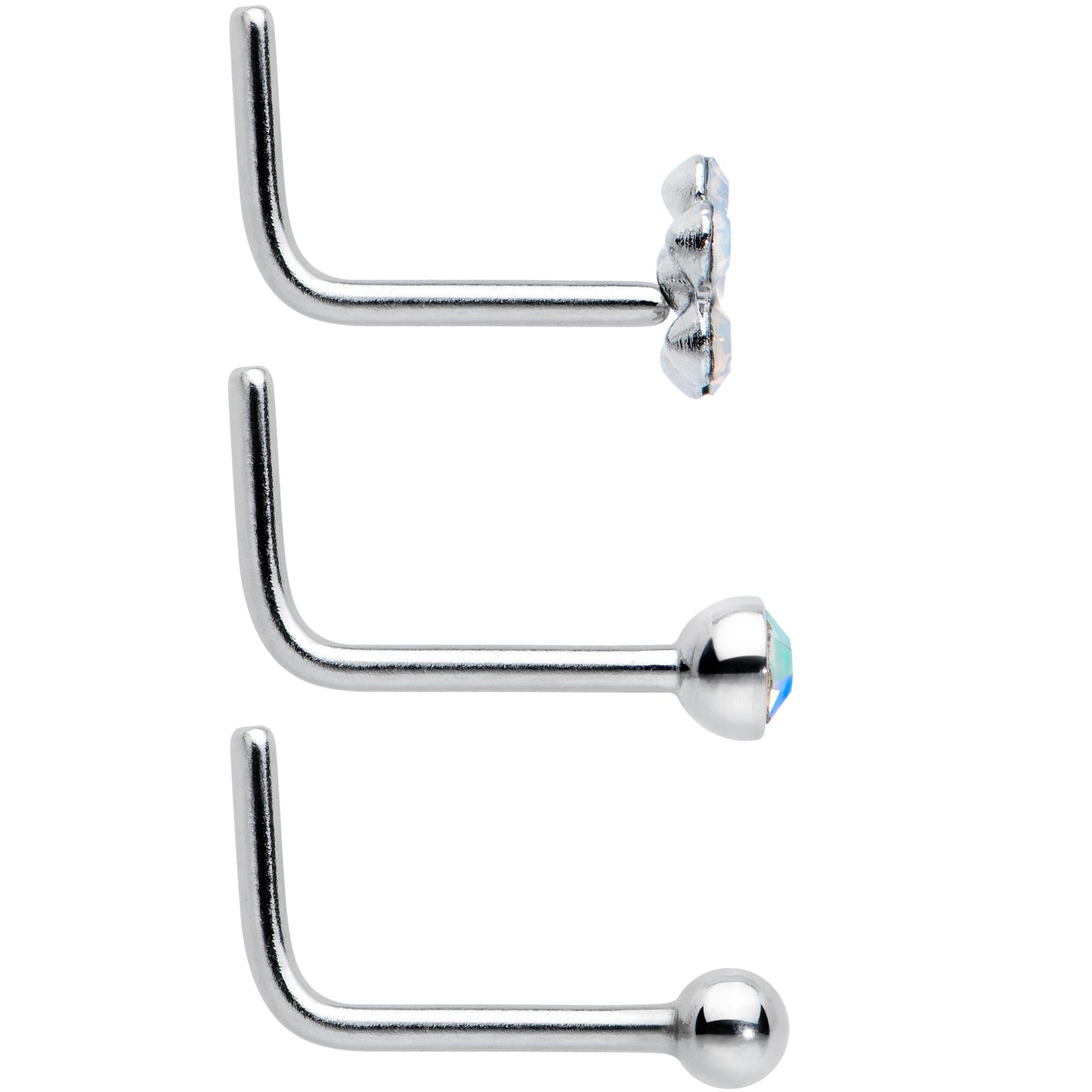 20G 1/4 Clear CZ Gem Flower Disc L Shape Nose Ring Set of 6