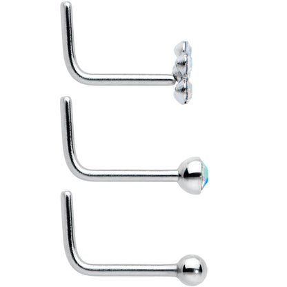 20G 1/4 Clear CZ Gem Flower Disc L Shape Nose Ring Set of 6