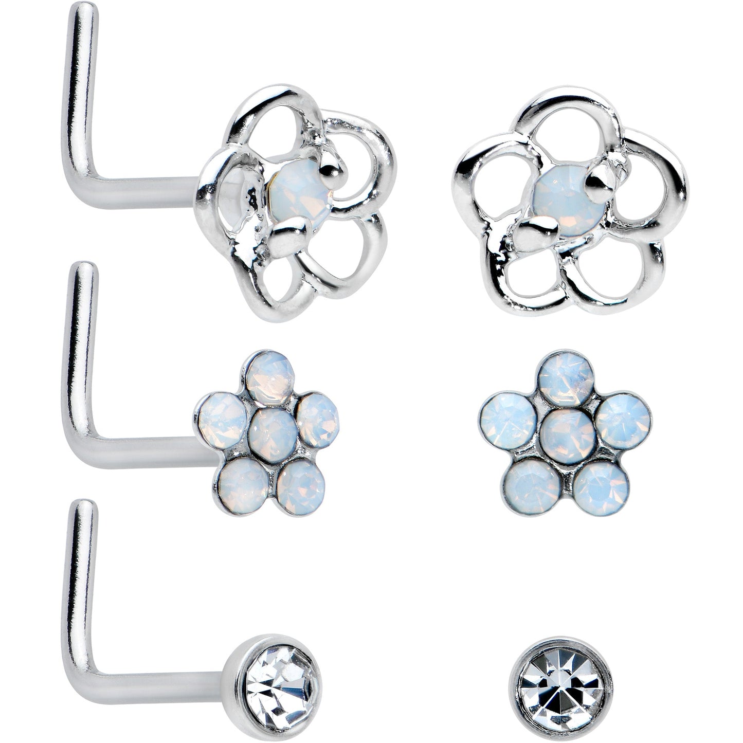 20G 1/4 Clear CZ Gem Flower Disc L Shape Nose Ring Set of 6