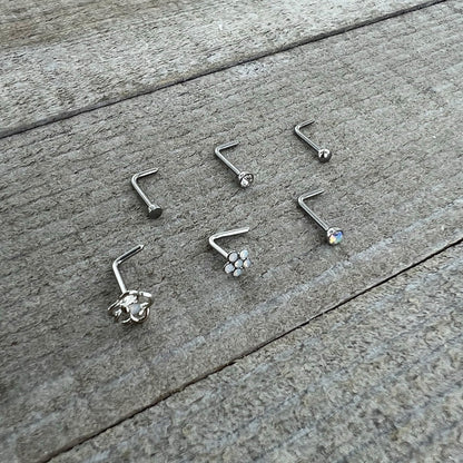 20G 1/4 Clear CZ Gem Flower Disc L Shape Nose Ring Set of 6