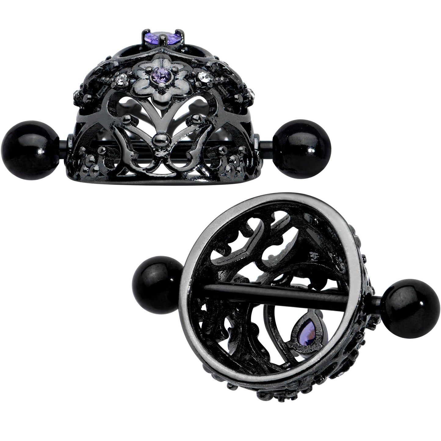 14G 9/16 Purple Gem Black Regal Crown Heart Nipple Shield Set