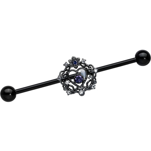 14G Purple Gem Black Regal Crown Heart Industrial Barbell 38mm