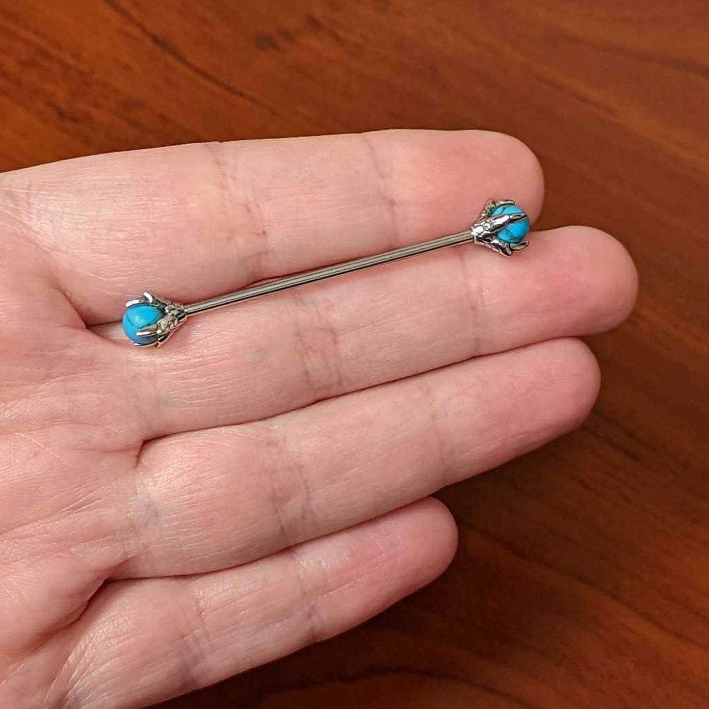 14G Blue Turquoise Stone Claw Hands Industrial Barbell 38mm