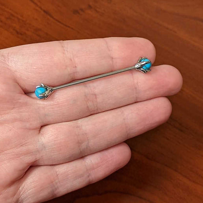 14G Blue Turquoise Stone Claw Hands Industrial Barbell 38mm