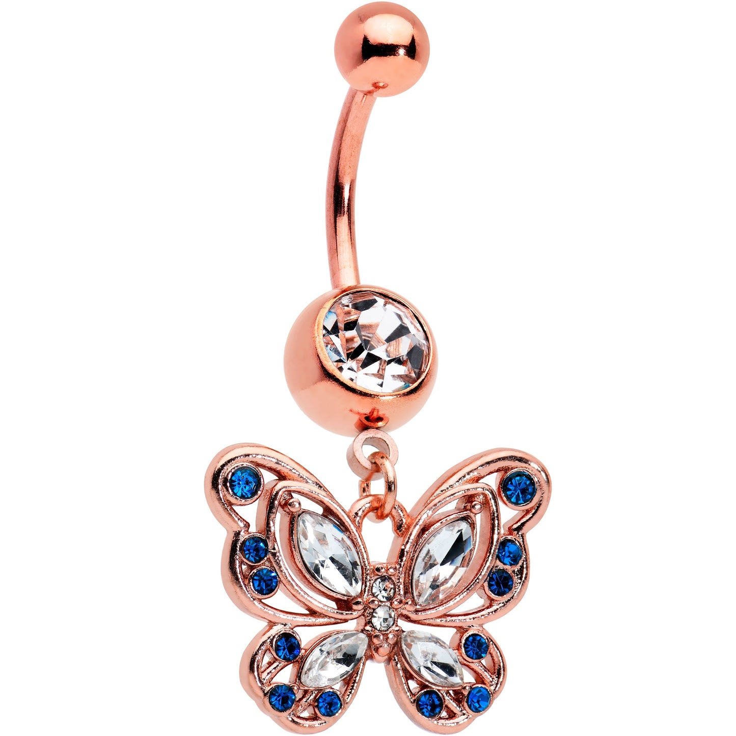 Blue Clear Gem Rose Gold Tone Butterfly Wings Dangle Belly Ring