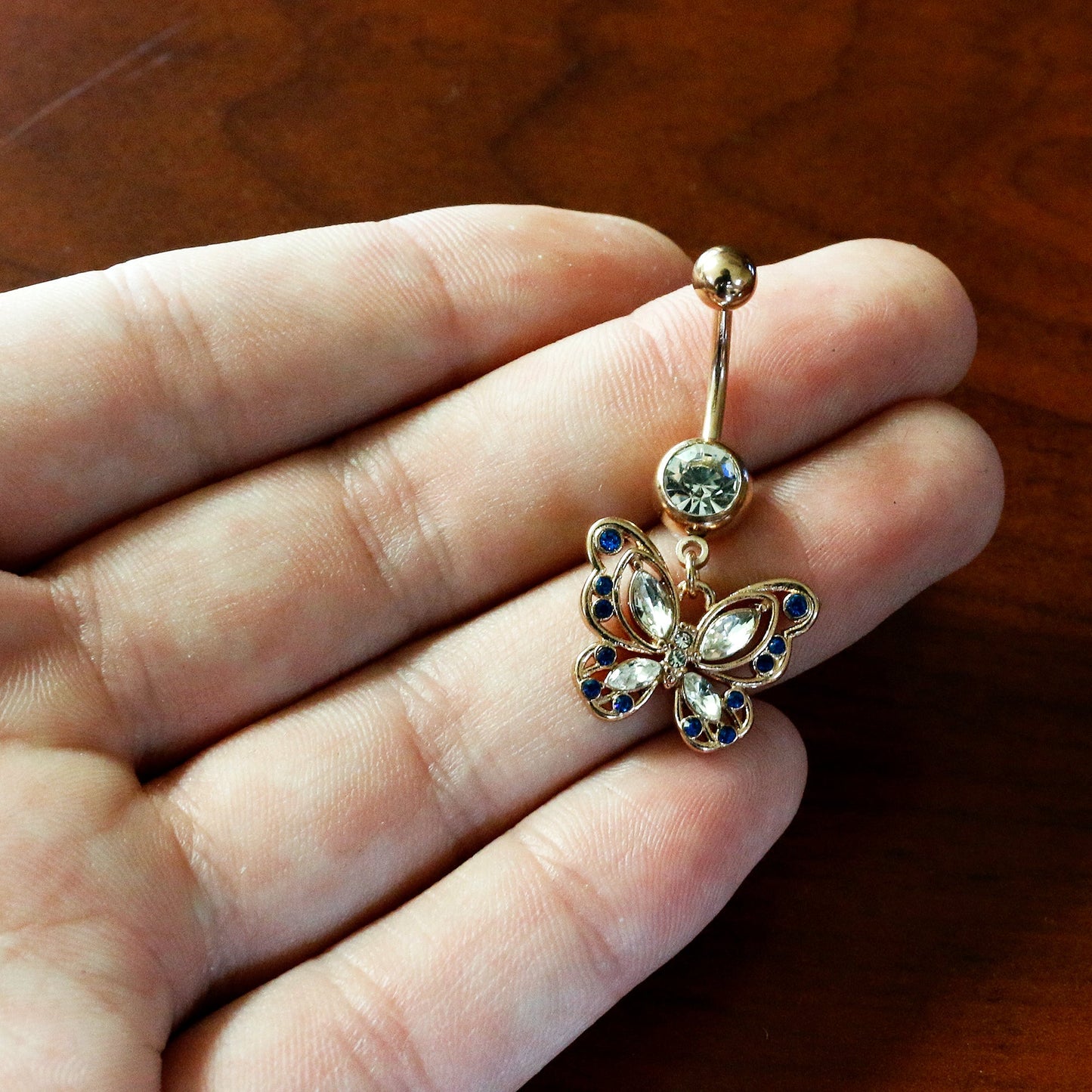 Blue Clear Gem Rose Gold Tone Butterfly Wings Dangle Belly Ring