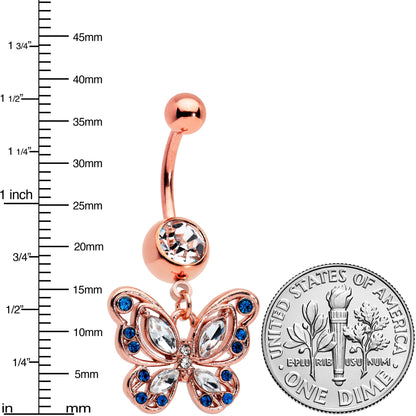 Blue Clear Gem Rose Gold Tone Butterfly Wings Dangle Belly Ring