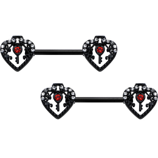 14G 9/16 Red Clear Gem Black Key Heart Barbell Nipple Ring Set