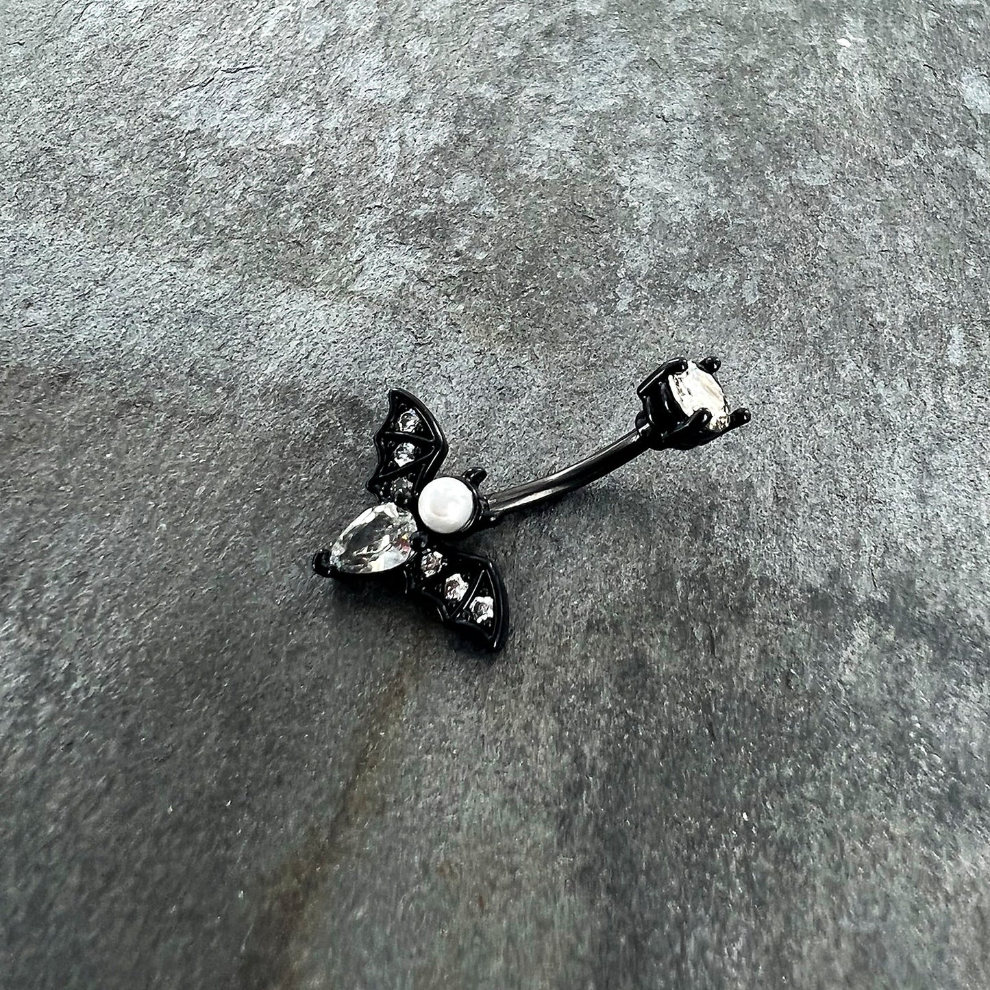 Clear Gem Black Vampire Bat Halloween Double Mount Belly Ring
