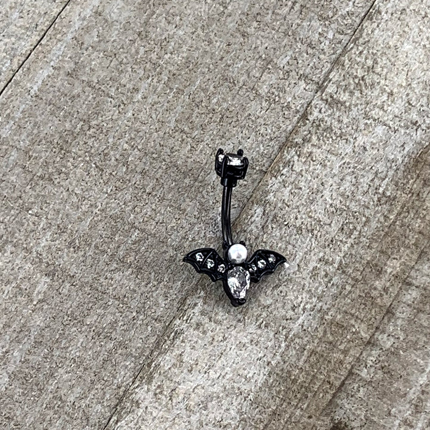 Clear Gem Black Vampire Bat Halloween Double Mount Belly Ring