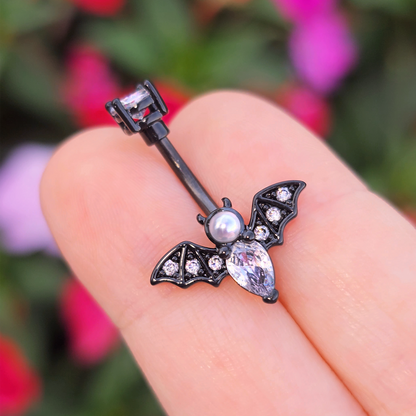 Clear Gem Black Vampire Bat Halloween Double Mount Belly Ring