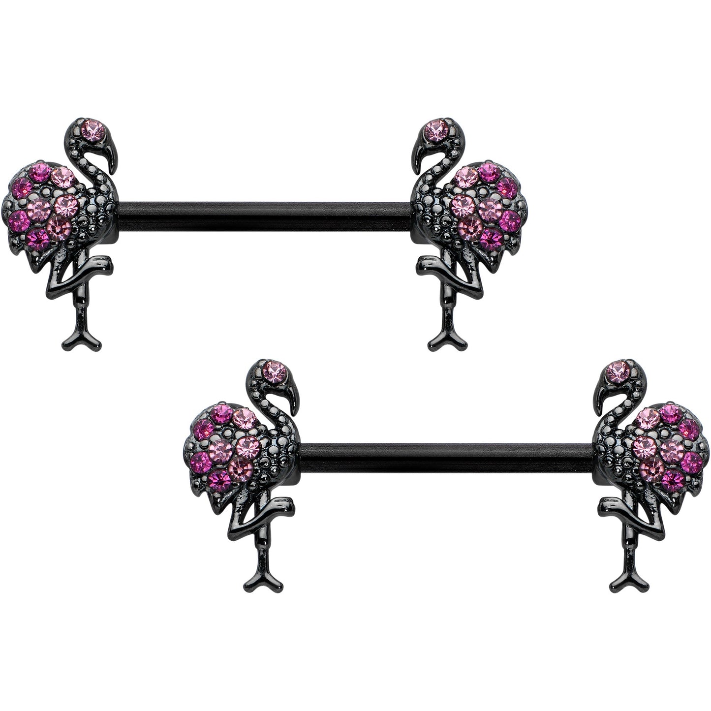 14G 9/16 Pink Gem Black Fashion Flamingo Barbell Nipple Ring Set