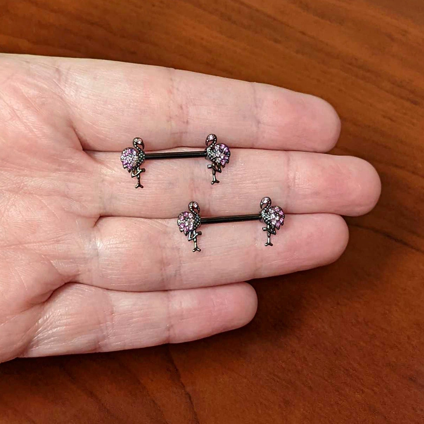 14G 9/16 Pink Gem Black Fashion Flamingo Barbell Nipple Ring Set