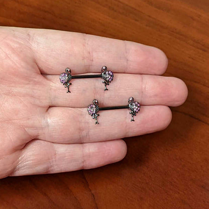 14G 9/16 Pink Gem Black Fashion Flamingo Barbell Nipple Ring Set