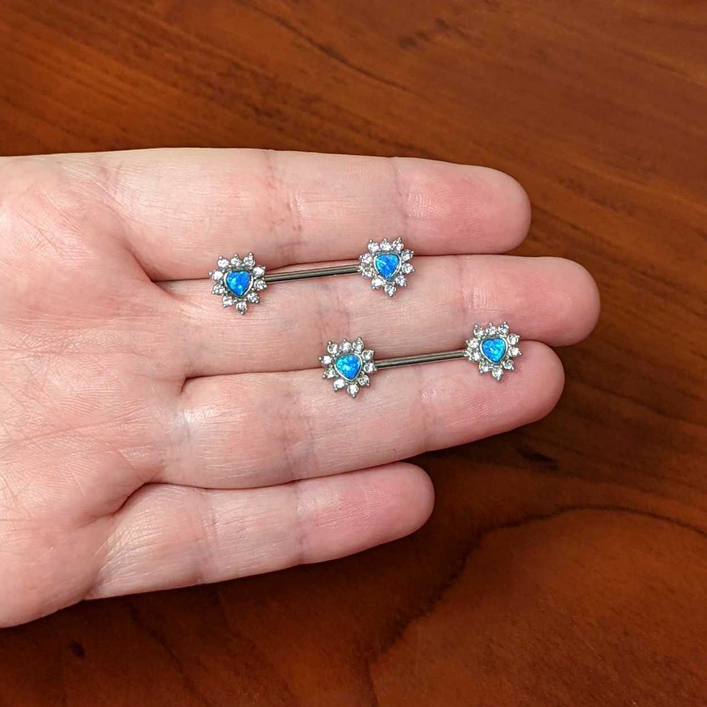 14G 9/16 Blue Synthetic Opal Sun Heart Nipple Ring Set