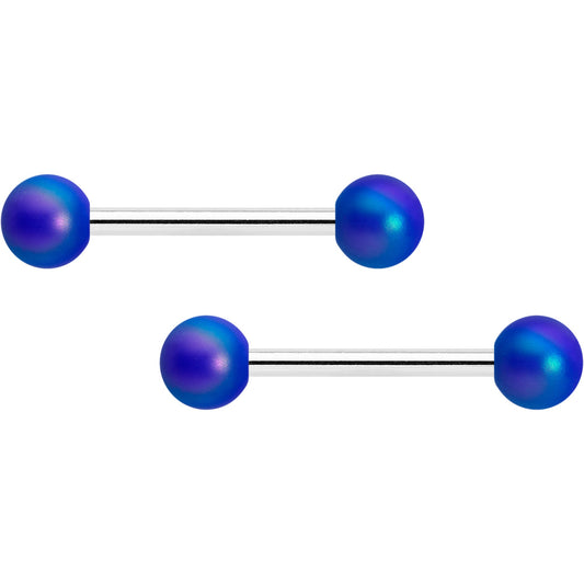 14G 9/16 Matte Blue Aurora Barbell Nipple Ring Set