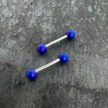 14G 9/16 Matte Blue Aurora Barbell Nipple Ring Set
