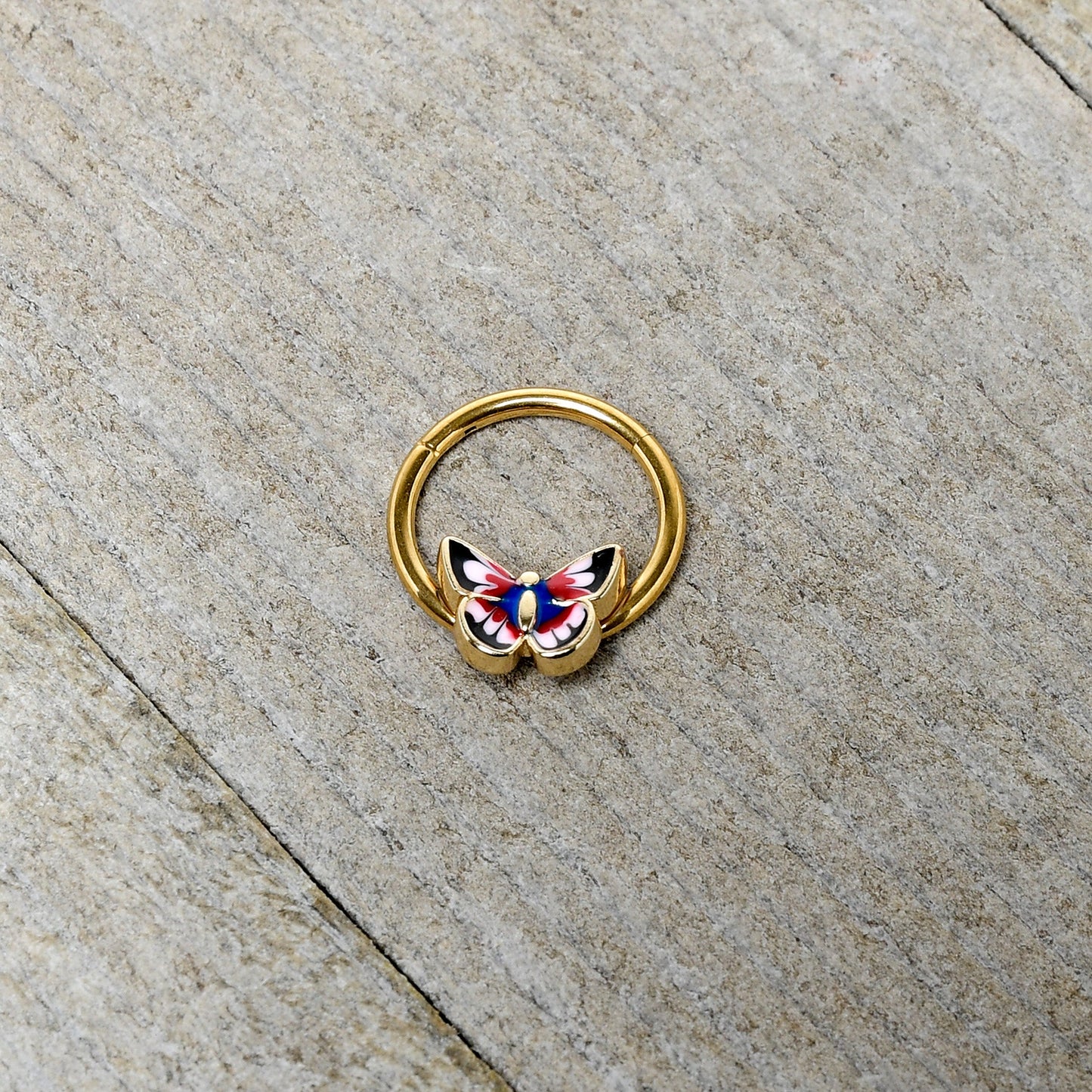 16G 3/8 Gold Tone Red Pink Blue Butterfly Hinged Segment Ring