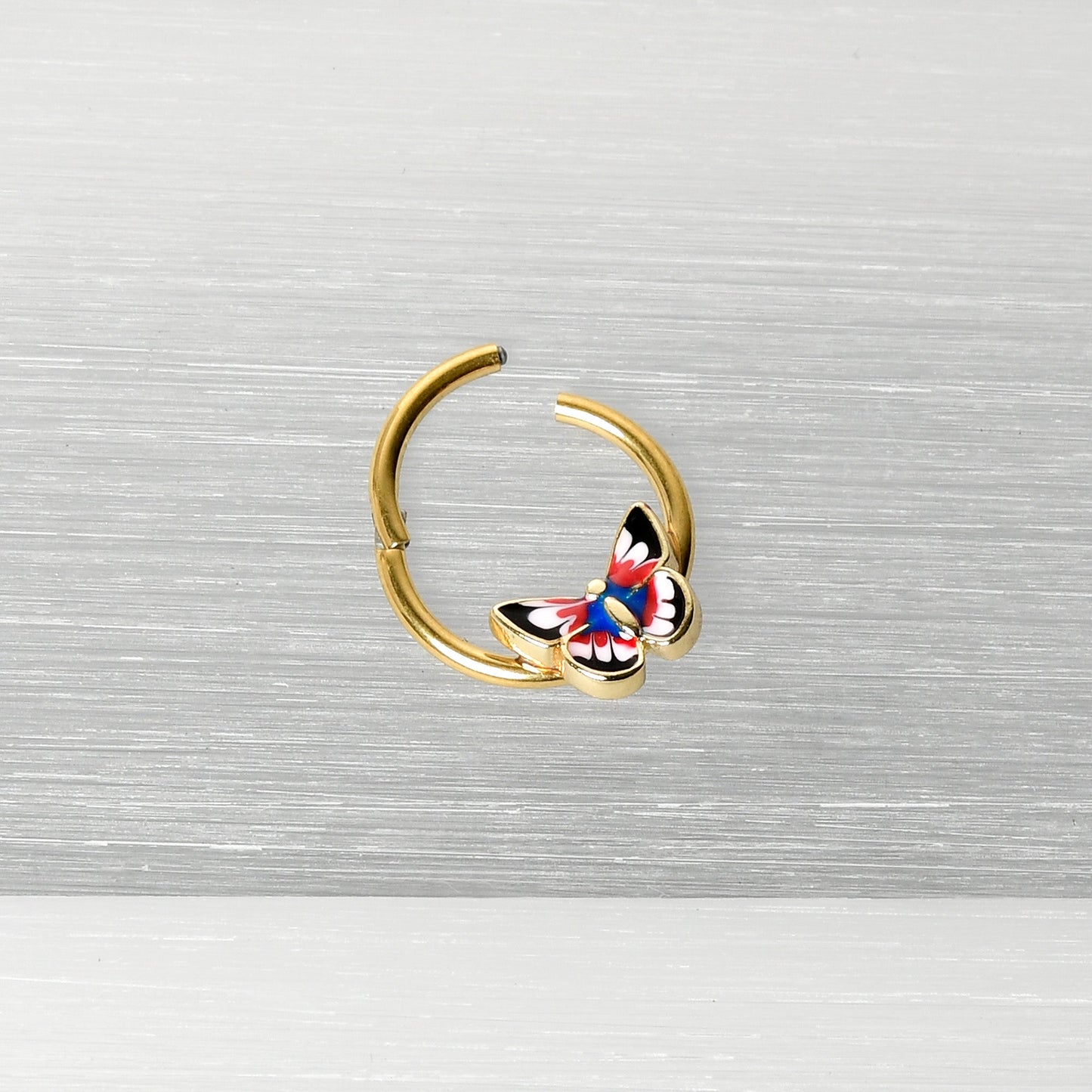 16G 3/8 Gold Tone Red Pink Blue Butterfly Hinged Segment Ring