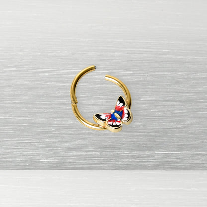 16G 3/8 Gold Tone Red Pink Blue Butterfly Hinged Segment Ring