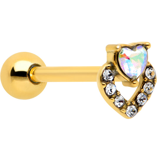 Clear CZ Gem Gold Tone Double Valentine Heart Barbell Tongue Ring