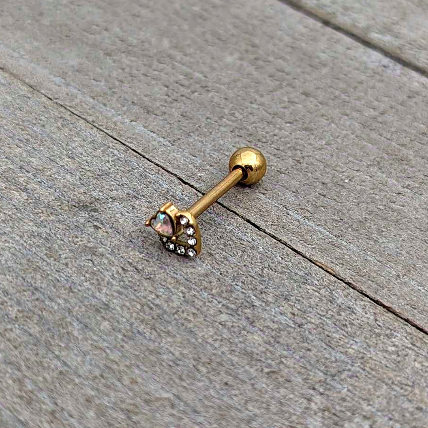 Clear CZ Gem Gold Tone Double Valentine Heart Barbell Tongue Ring