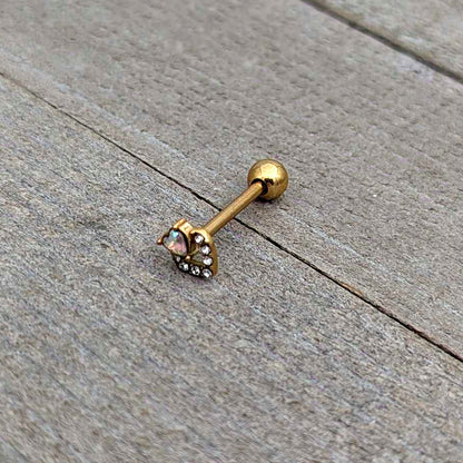 Clear CZ Gem Gold Tone Double Valentine Heart Barbell Tongue Ring