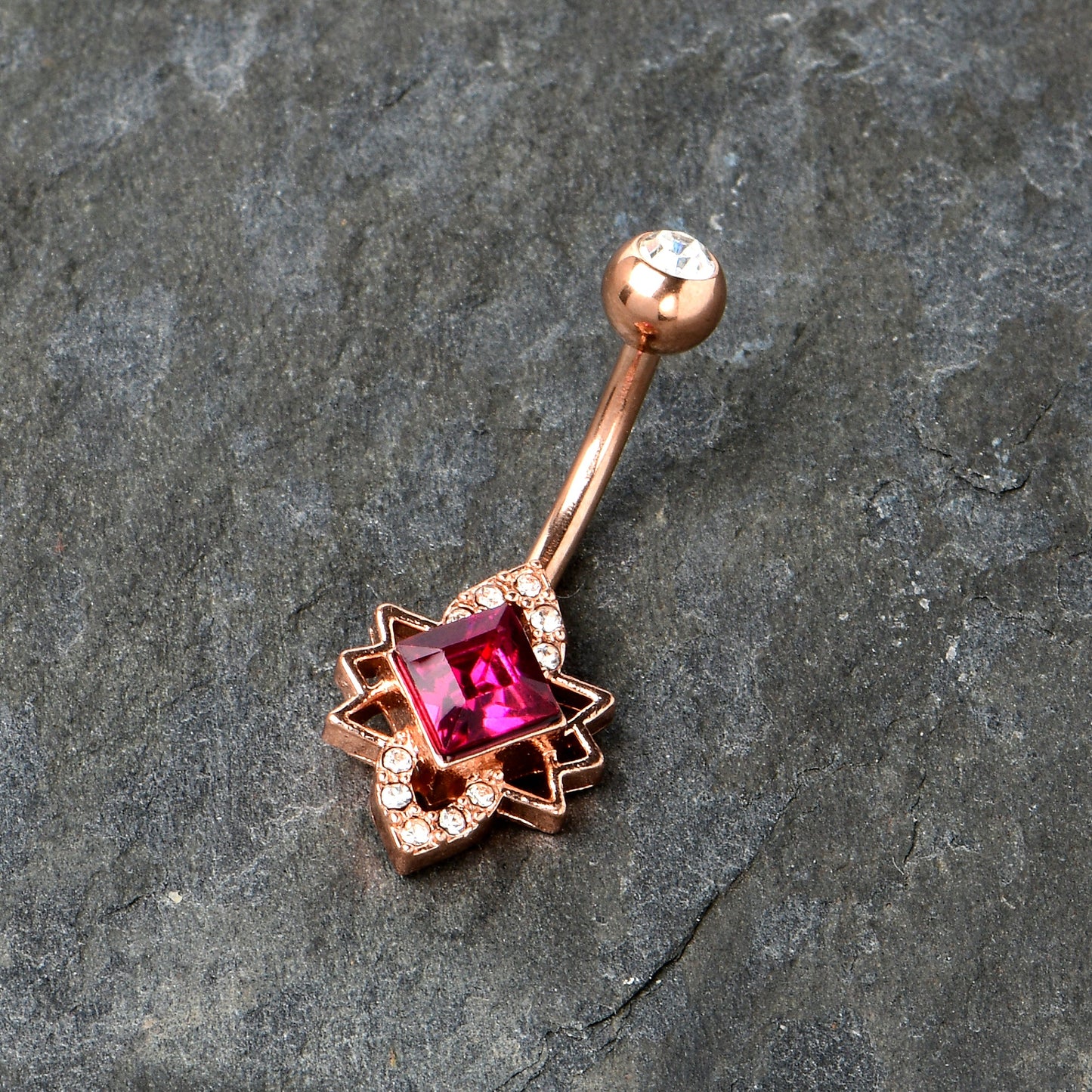 Clear Red Gem Rose Gold Tone Octagram Star Belly Ring