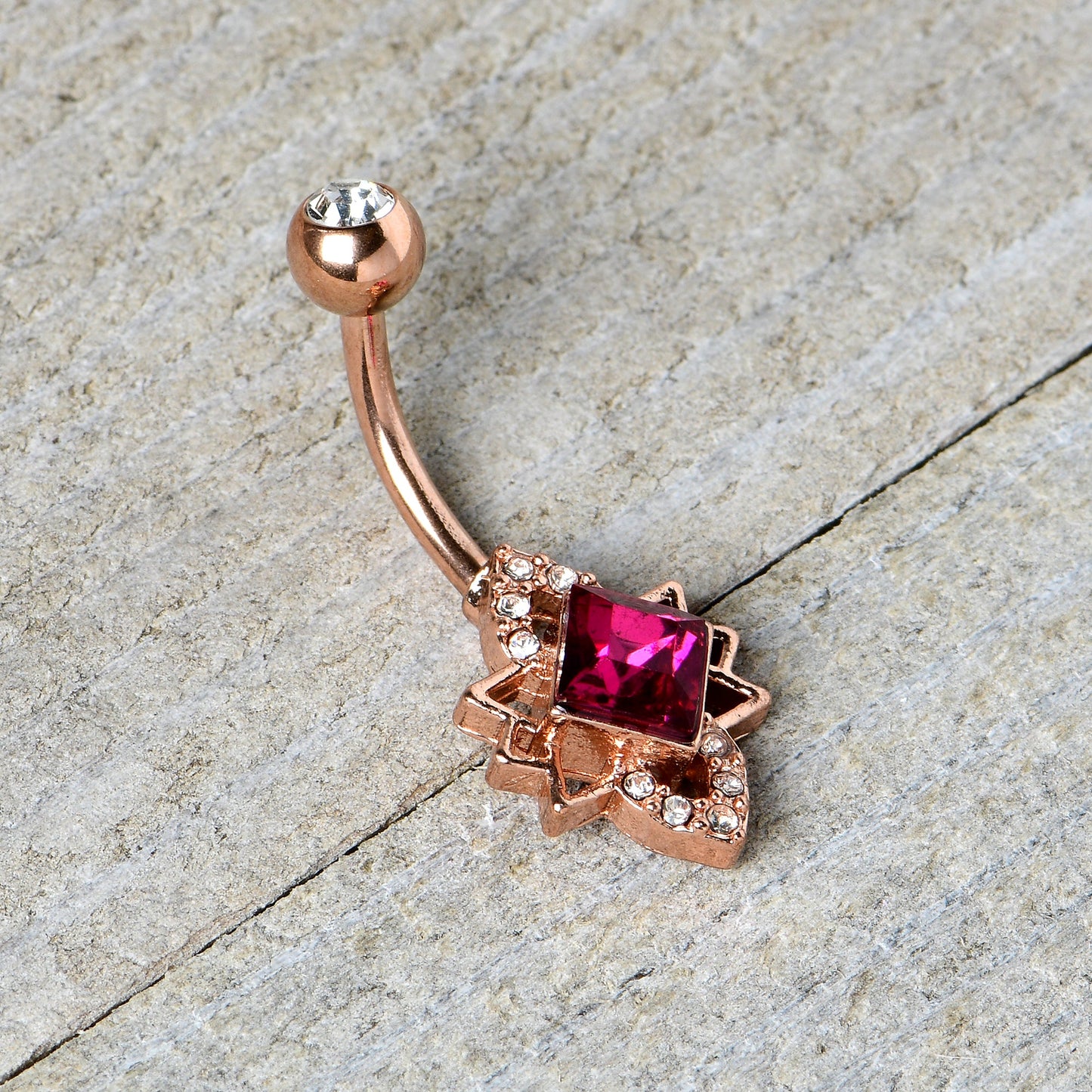 Clear Red Gem Rose Gold Tone Octagram Star Belly Ring