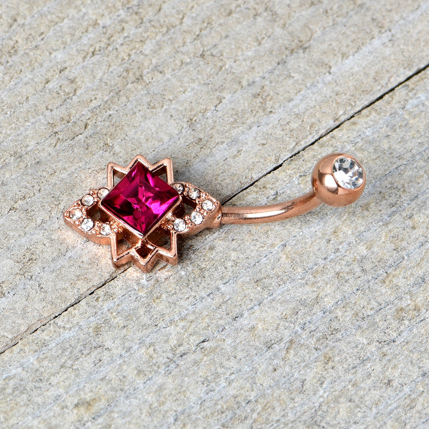 Clear Red Gem Rose Gold Tone Octagram Star Belly Ring